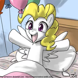 Size: 900x900 | Tagged: safe, artist:johnjoseco, derpibooru import, surprise, pegasus, pony, adobe imageready, balloon, bed, female, g1, g1 to g4, generation leap, mare, morning ponies, pillow, smiling, solo, spread wings, wings