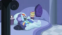 Size: 1280x720 | Tagged: safe, derpibooru import, screencap, rainbow dash, pegasus, pony, read it and weep, bed, bedroom, book, female, mare, on back, rainbow dash's house, reading, solo, wallpaper