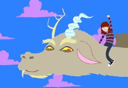 Size: 650x450 | Tagged: andrew hussie, animated, artist needed, cloud, cotton candy, cotton candy cloud, derpibooru import, discord, draconequus, edit, falkor, flying, food, gif, homestuck, lauren faust, riding, safe, the neverending story