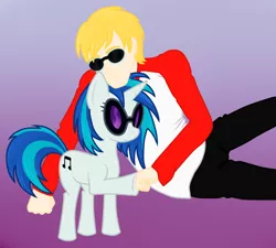 Size: 866x779 | Tagged: safe, artist:kankurounokugutsu, derpibooru import, vinyl scratch, human, pony, unicorn, dave strider, female, gradient background, homestuck, hoofbump, mare