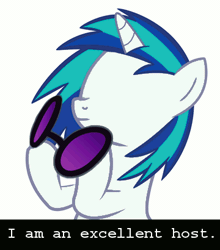 Size: 360x410 | Tagged: artist needed, safe, derpibooru import, vinyl scratch, pony, unicorn, animated, caption, doc scratch, female, gif, homestuck, mare, no eyes, pun, simple background, solo, sunglasses, text, white background