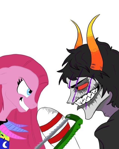 Size: 800x1000 | Tagged: safe, artist:neonshi, derpibooru import, pinkie pie, earth pony, pony, fanfic:cupcakes, colored sclera, crossover, duo, female, floppy ears, gamzee makara, homestuck, male, mare, pinkamena diane pie, red eyes, red sclera, saw, scar, sharp teeth, simple background, teeth, troll (homestuck), white background