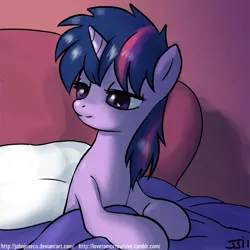 Size: 900x900 | Tagged: safe, artist:johnjoseco, derpibooru import, twilight sparkle, pony, unicorn, adobe imageready, bed, blanket, female, lidded eyes, mare, morning ponies, pillow, smiling, solo, unicorn twilight