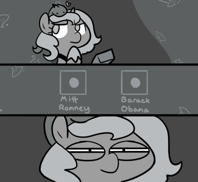 Size: 665x610 | Tagged: safe, artist:egophiliac, derpibooru import, edit, princess luna, alicorn, pony, moonstuck, anguilla armor, ask, barack obama, comic, cute, female, filly, grayscale, monochrome, obligatory pony, politics, tumblr, woona