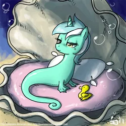 Size: 900x900 | Tagged: 2011, adobe imageready, artifact, artist:johnjoseco, background pony, derpibooru import, female, lyra heartstrings, morning ponies, pillow, safe, sea pony, seapony lyra, shell, solo