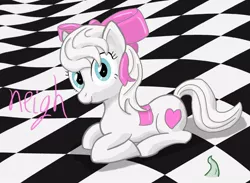 Size: 800x586 | Tagged: artist needed, safe, derpibooru import, earth pony, pony, battlefield, checkerboard, female, hair bow, homestuck, looking at you, maplehoof, mare, neigh, prone, smiling, solo