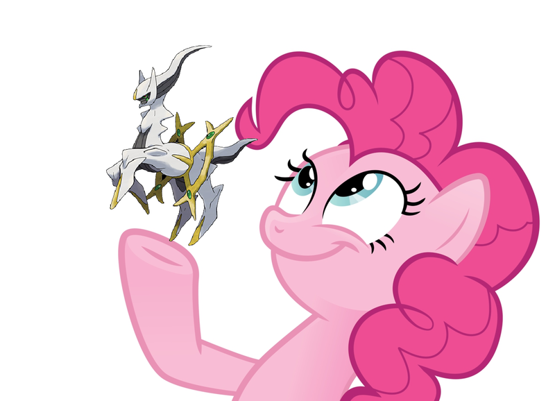 Size: 1184x855 | Tagged: safe, derpibooru import, pinkie pie, arceus, earth pony, pony, female, look what pinkie found, mare, meme, mythical pokémon, normal type pokémon, pokémon, pokémon diamond and pearl, simple background, sinnoh pokémon, white background