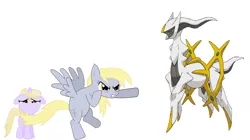 Size: 2100x1172 | Tagged: artist needed, safe, derpibooru import, derpy hooves, dinky hooves, arceus, pegasus, pony, unicorn, angry, female, filly, mare, mythical pokémon, normal type pokémon, pokémon, pokémon diamond and pearl, simple background, sinnoh pokémon, white background