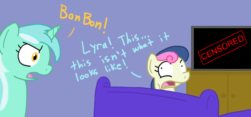 Size: 900x419 | Tagged: artist needed, safe, derpibooru import, bon bon, lyra heartstrings, sweetie drops, earth pony, pony, unicorn, bon-bon's secret, censored, couch, exploitable meme, female, mare, meme