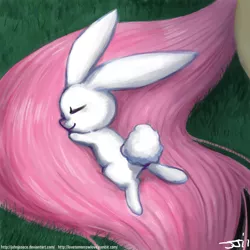 Size: 900x900 | Tagged: safe, artist:johnjoseco, derpibooru import, angel bunny, fluttershy, pegasus, pony, adobe imageready, female, mare, morning ponies, prone, sleeping, smiling, tail pillow