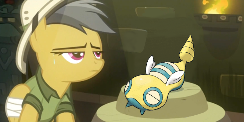 Size: 1738x867 | Tagged: safe, derpibooru import, daring do, dunsparce, pegasus, pony, bad treasure, bandage, exploitable meme, female, johto pokémon, mare, meme, normal type pokémon, pokémon, pokémon gold and silver