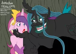 Size: 606x432 | Tagged: safe, artist:deep-in-the-hive, derpibooru import, princess cadance, queen chrysalis, ask trumblr, ariel, cosplay, crossover, disney, disney princess, image, parody, png, the little mermaid, ursula