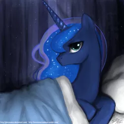 Size: 900x900 | Tagged: safe, artist:johnjoseco, derpibooru import, princess luna, alicorn, pony, adobe imageready, bed, female, mare, morning ponies, pillow, solo