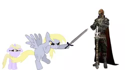 Size: 2100x1172 | Tagged: safe, derpibooru import, derpy hooves, dinky hooves, pegasus, pony, unicorn, angry, female, filly, ganondorf, mare, simple background, sword, the legend of zelda, weapon, white background