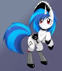 Size: 1257x1455 | Tagged: dead source, safe, artist:grumblepluck, derpibooru import, vinyl scratch, pony, unicorn, adorasexy, choker, clothes, cute, female, fishnets, gradient background, hat, latex, maid, mare, rearing, red eyes, saddle, sexy, smiling, solo, stockings, stupid sexy vinyl, sweet dreams fuel, tail wrap, vinylbetes, wrong eye color