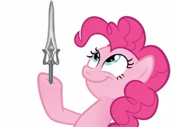 Size: 1184x855 | Tagged: safe, derpibooru import, pinkie pie, earth pony, pony, female, look what pinkie found, mare, meme, simple background, solo, sword, weapon, white background