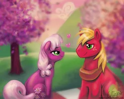 Size: 1000x800 | Tagged: dead source, safe, artist:laurenmagpie, derpibooru import, big macintosh, cheerilee, earth pony, pony, hearts and hooves day (episode), cheerimac, eye contact, female, heart, looking at each other, love, male, mare, shipping, sitting, stallion, straight, tree