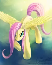 Size: 800x1000 | Tagged: safe, artist:laurenmagpie, derpibooru import, fluttershy, pegasus, pony, determined, female, mare, solo, spread wings, wings