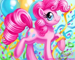 Size: 900x720 | Tagged: safe, artist:laurenmagpie, derpibooru import, pinkie pie, earth pony, pony, abstract background, balloon, female, mare, profile, raised hoof, smiling, solo