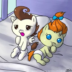 Size: 900x900 | Tagged: safe, artist:johnjoseco, derpibooru import, pound cake, pumpkin cake, pegasus, pony, unicorn, adobe imageready, baby, baby pony, cake twins, duo, female, male, morning ponies, pillow, siblings, spread wings, twins, wings