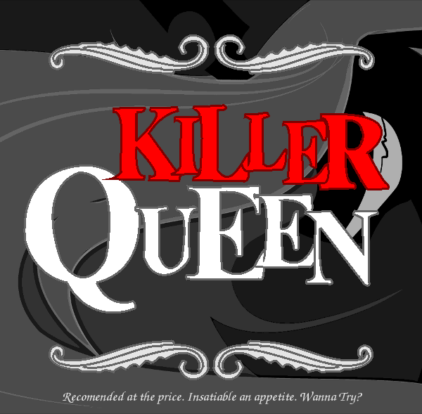 Size: 600x589 | Tagged: safe, artist:the-orator, derpibooru import, queen chrysalis, changeling, changeling queen, album cover, female, grin, image, killer queen, png, queen (band), smiling, solo, text
