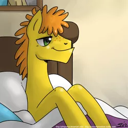 Size: 900x900 | Tagged: safe, artist:johnjoseco, derpibooru import, carrot cake, earth pony, pony, adobe imageready, male, morning ponies, pillow, solo, stallion