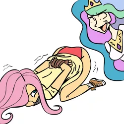 Size: 945x945 | Tagged: artist:megasweet, bondage, breasts, clothes, cloth gag, derpibooru import, eyes on the prize, face down ass up, female, femdom, femsub, fluttershy, gag, human, humanized, panties, ponibooru import, princess, princess celestia, princess molestia, red underwear, shivering, simple background, submissive, suggestive, underwear, white background