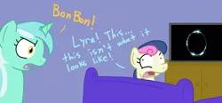 Size: 900x419 | Tagged: safe, derpibooru import, bon bon, lyra heartstrings, sweetie drops, earth pony, pony, unicorn, bon-bon's secret, couch, exploitable meme, female, mare, meme, the ring