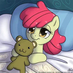 Size: 900x900 | Tagged: safe, artist:johnjoseco, derpibooru import, apple bloom, earth pony, pony, :3, adobe imageready, adorabloom, bed, cute, female, filly, lidded eyes, looking at you, missing accessory, morning ponies, on back, pillow, sleepy, smiling, solo, teddy bear, tired