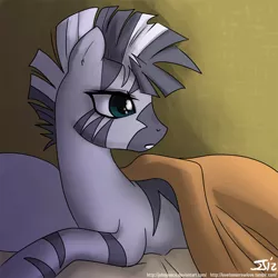 Size: 900x900 | Tagged: adobe imageready, artist:johnjoseco, bed, derpibooru import, female, mare, morning ponies, pillow, safe, solo, waking up, zebra, zecora