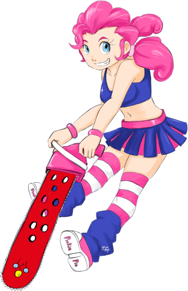 Size: 600x928 | Tagged: artist:diasfox, belly button, chainsaw, cheerleader, cheerleader pinkie, derpibooru import, human, humanized, lollipop chainsaw, midriff, pinkie pie, safe, shoes, simple background, sneakers, solo, transparent background