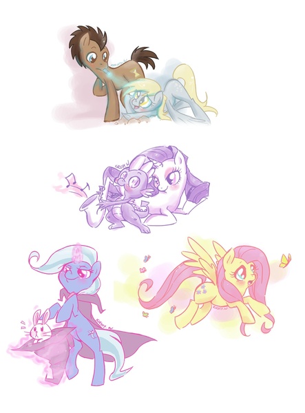 Size: 1252x1694 | Tagged: safe, artist:kelsea-chan, derpibooru import, derpy hooves, doctor whooves, fluttershy, rarity, spike, time turner, trixie, butterfly, dragon, earth pony, pegasus, pony, rabbit, unicorn, doctorderpy, female, interspecies, male, mare, mouth hold, musical instrument, saxophone, shipping, sparity, stallion, straight