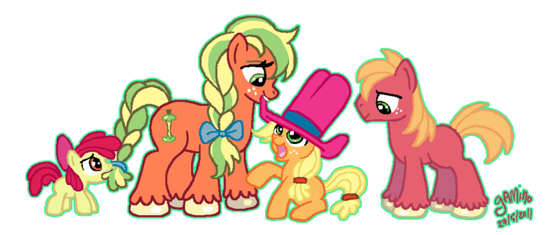 Size: 1104x475 | Tagged: safe, artist:yamino, derpibooru import, apple bloom, applejack, big macintosh, earth pony, pony, applejack's mom, biting, colt, female, filly, hat, male, mare, mouth hold, simple background, stallion, tail bite, unshorn fetlocks, young