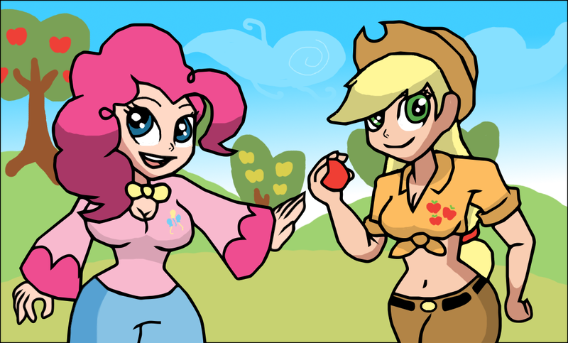 Size: 1110x670 | Tagged: apple, applejack, artist:chibieene, belly button, breasts, busty applejack, busty pinkie pie, cleavage, derpibooru import, duo, female, food, front knot midriff, human, humanized, midriff, pinkie pie, safe