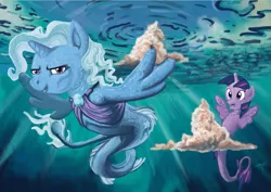 Size: 877x621 | Tagged: safe, artist:spectralunicorn, derpibooru import, trixie, twilight sparkle, pony, sea pony, unicorn, female, magic the gathering, seapony trixie, seapony twilight, underwater