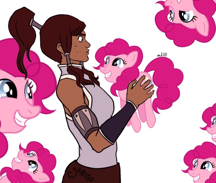 Size: 800x677 | Tagged: safe, artist:mtlo, derpibooru import, pinkie pie, earth pony, human, pony, crossover, female, korra, mare, multeity, simple background, the legend of korra, white background