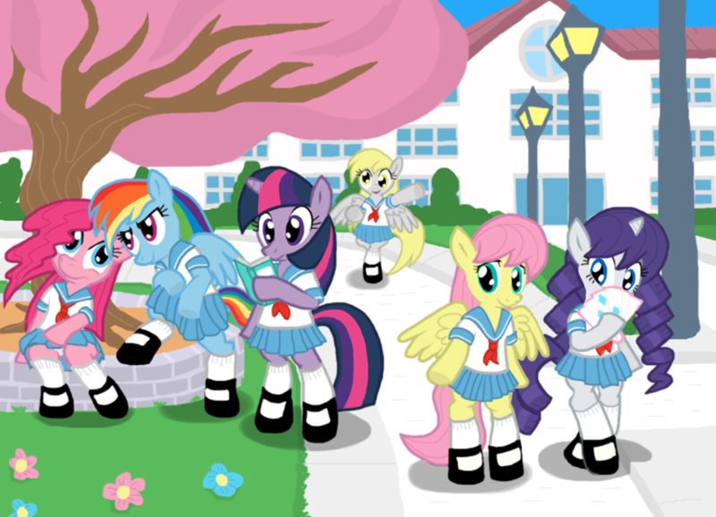 Size: 900x650 | Tagged: safe, artist:shutterflye, derpibooru import, derpy hooves, fluttershy, pinkie pie, rainbow dash, rarity, twilight sparkle, pony, bipedal, clothes, sailor uniform, school, school uniform, schoolgirl, uniform