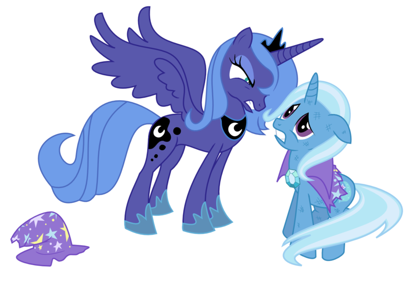 Size: 1300x900 | Tagged: safe, artist:adcoon, derpibooru import, princess luna, trixie, alicorn, pony, unicorn, cape, clothes, duo, female, hat, hoof shoes, inkscape, looking at each other, mare, s1 luna, simple background, transparent background, trixie's cape, trixie's hat, vector