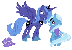 Size: 1300x900 | Tagged: safe, artist:adcoon, derpibooru import, princess luna, trixie, alicorn, pony, unicorn, cape, clothes, duo, female, hat, hoof shoes, inkscape, looking at each other, mare, s1 luna, simple background, transparent background, trixie's cape, trixie's hat, vector