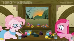Size: 1921x1081 | Tagged: safe, artist:kman-studio, derpibooru import, granny pie, pinkie pie, earth pony, pony, duo, female, filly, glasses, mare, mouth hold, paint, paintbrush, painting, rock, rock farm, younger