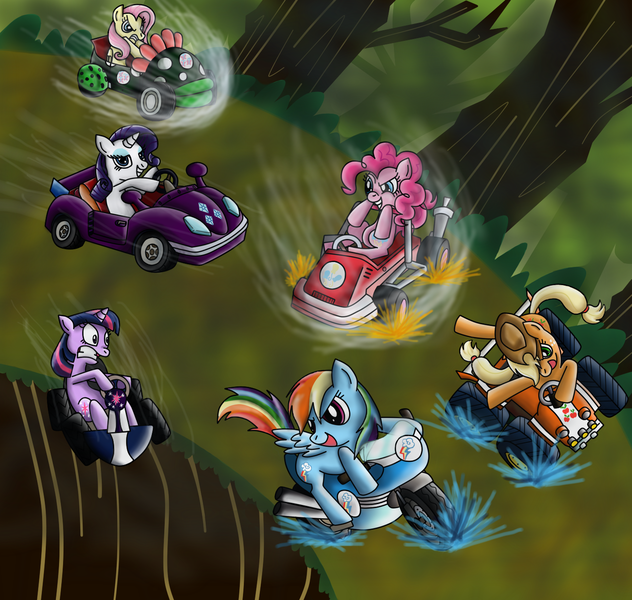 Size: 1423x1351 | Tagged: safe, artist:babero, derpibooru import, applejack, fluttershy, pinkie pie, rainbow dash, rarity, twilight sparkle, earth pony, pegasus, pony, unicorn, everfree forest, female, mane six, mare, mario, mario kart, mario kart wii, motorcycle, piranha plant, super mario bros.