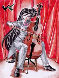 Size: 531x700 | Tagged: artist:jadenkaiba, cello, clothes, derpibooru import, female, human, humanized, music, musical instrument, octavia melody, playing instrument, safe, sitting, traditional art