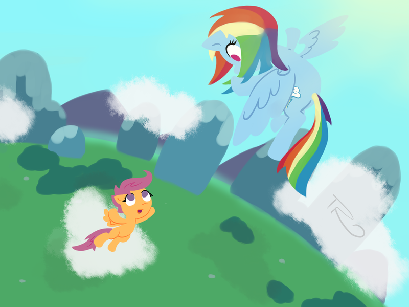 Size: 1600x1200 | Tagged: safe, artist:therelicofowls, derpibooru import, rainbow dash, scootaloo, pegasus, pony, cloud, female, filly, flying, flying lesson, mare, no pupils, scootaloo can fly