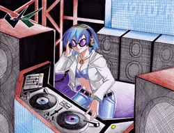 Size: 700x536 | Tagged: artist:jadenkaiba, breasts, clothes, commission, derpibooru import, female, headphones, human, humanized, music, record, safe, solo, sunglasses, traditional art, turntable, vinyl scratch