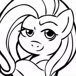 Size: 945x945 | Tagged: safe, artist:megasweet, derpibooru import, fluttershy, pegasus, pony, black and white, bust, female, grayscale, looking at you, mare, monochrome, raised eyebrow, solo