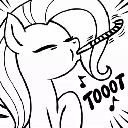 Size: 945x945 | Tagged: safe, artist:megasweet, derpibooru import, fluttershy, pegasus, pony, black and white, blowout, female, grayscale, lineart, mare, monochrome, music notes, solo, toot