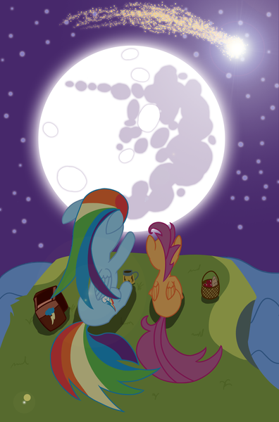 Size: 2160x3273 | Tagged: safe, artist:kalimdor89, derpibooru import, rainbow dash, scootaloo, pegasus, pony, basket, female, filly, high res, mare, mare in the moon, moon, mug, night, rear view, saddle bag, shooting star, sitting