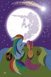 Size: 2160x3273 | Tagged: safe, artist:kalimdor89, derpibooru import, rainbow dash, scootaloo, pegasus, pony, basket, female, filly, high res, mare, mare in the moon, moon, mug, night, rear view, saddle bag, shooting star, sitting