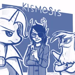 Size: 500x500 | Tagged: safe, artist:clorin spats, derpibooru import, gilda, trixie, gryphon, pony, unicorn, crossover, female, homestuck, kismesis, mare, monochrome, quadrant shipping, trilda, vriska serket