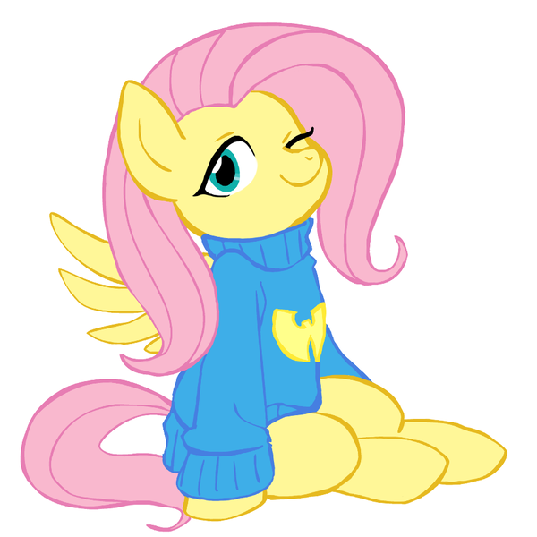 Size: 945x945 | Tagged: safe, artist:deeriojim, artist:megasweet, derpibooru import, fluttershy, pegasus, pony, clothes, female, mare, one eye closed, simple background, sitting, solo, sweater, sweatershy, white background, wu tang clan